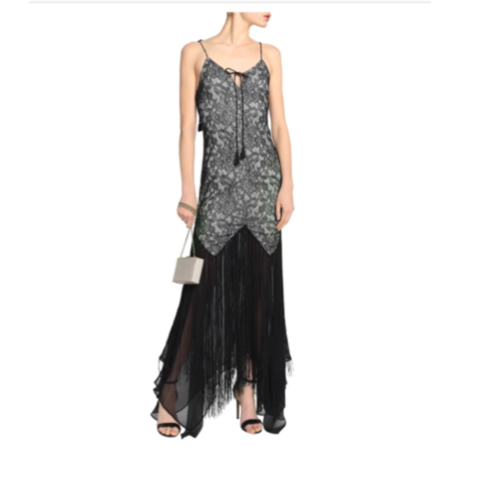 NWT HAUTE HIPPIE Fringed Chantilly Lace Gown sz0